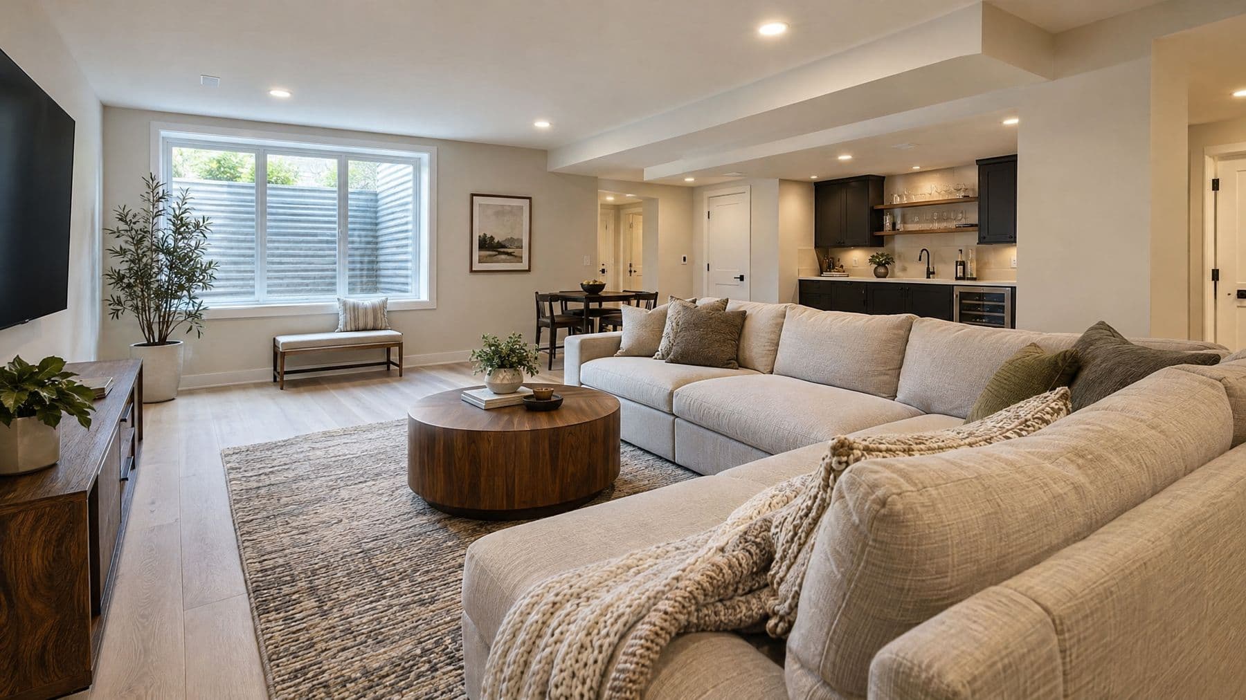 Finished basement family room with oak plank floors, recessed lights and an egress window