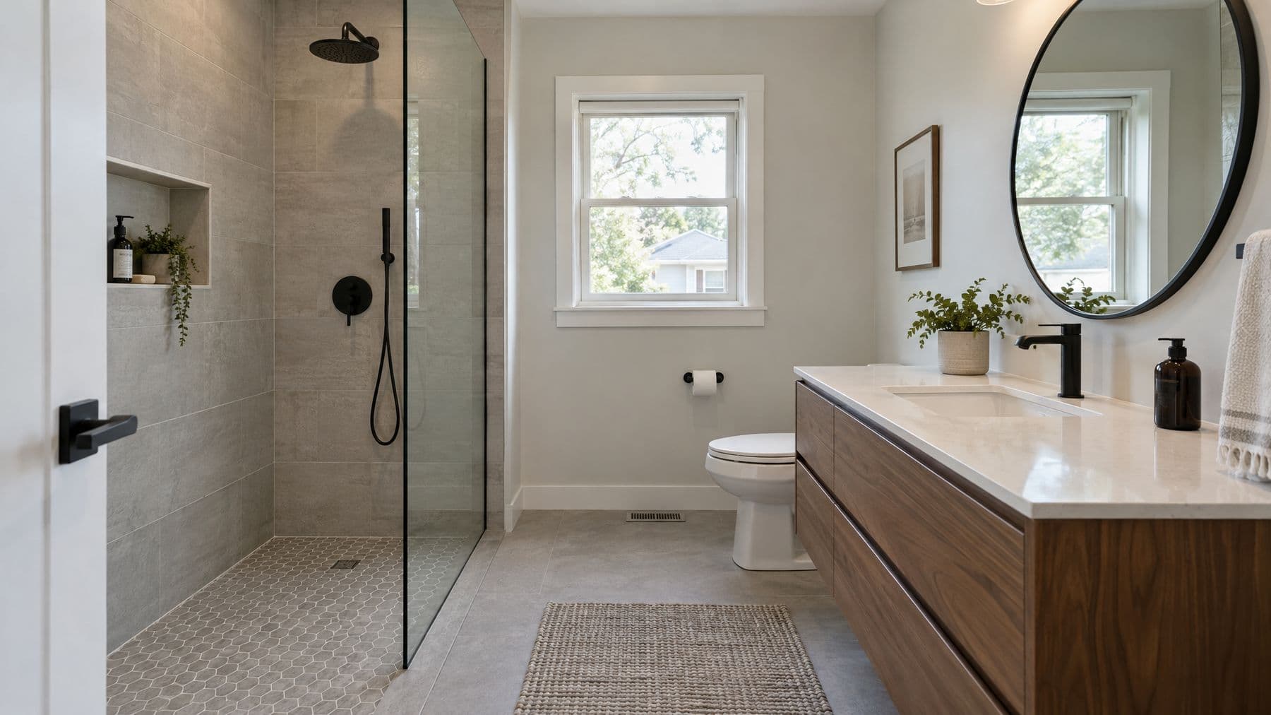 Remodeled bathroom with a curbless walk-in shower, glass panel and walnut vanity
