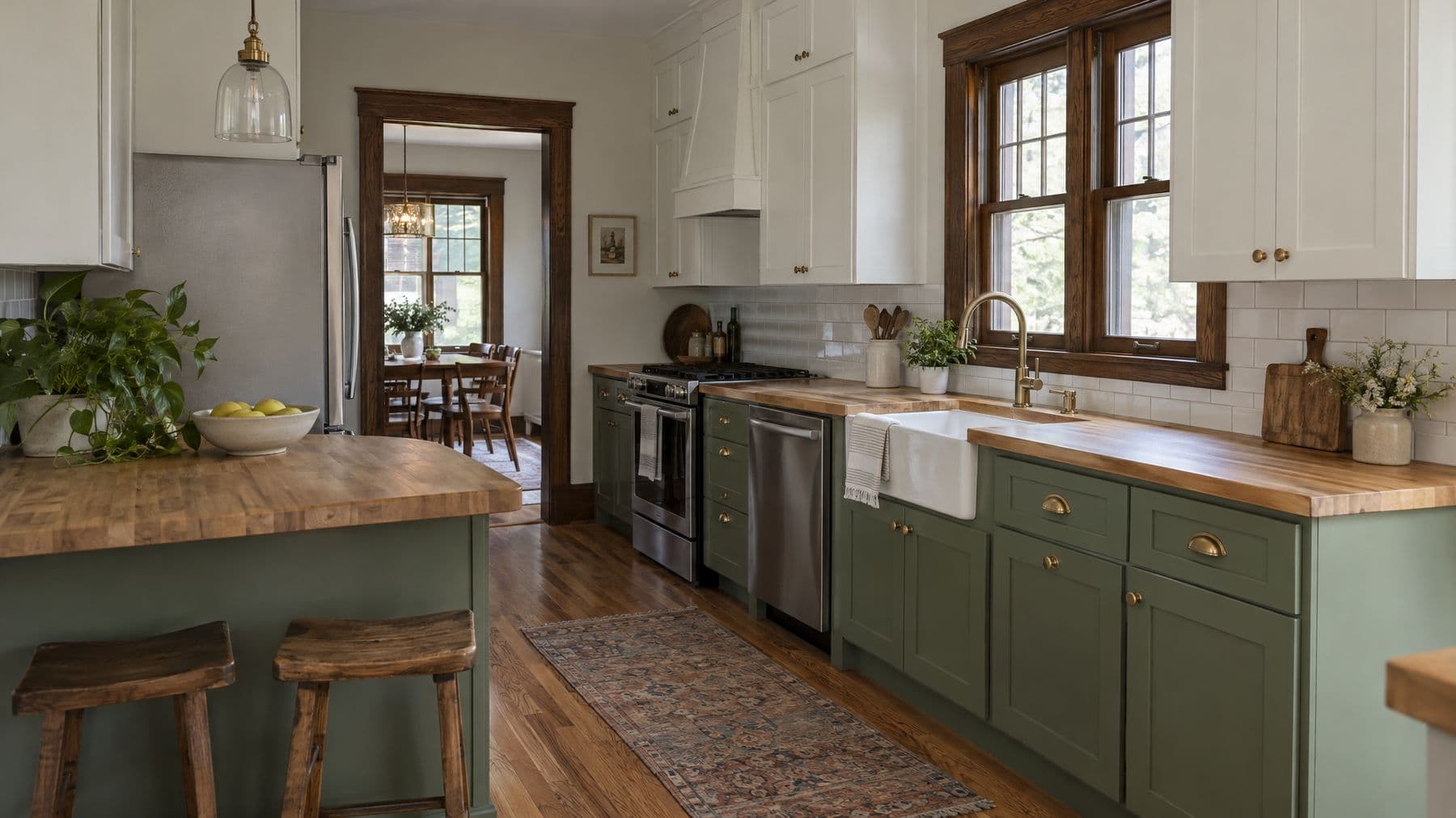 Remodeled bungalow kitchen with sage green lower cabinets, butcher block counters and original wood trim