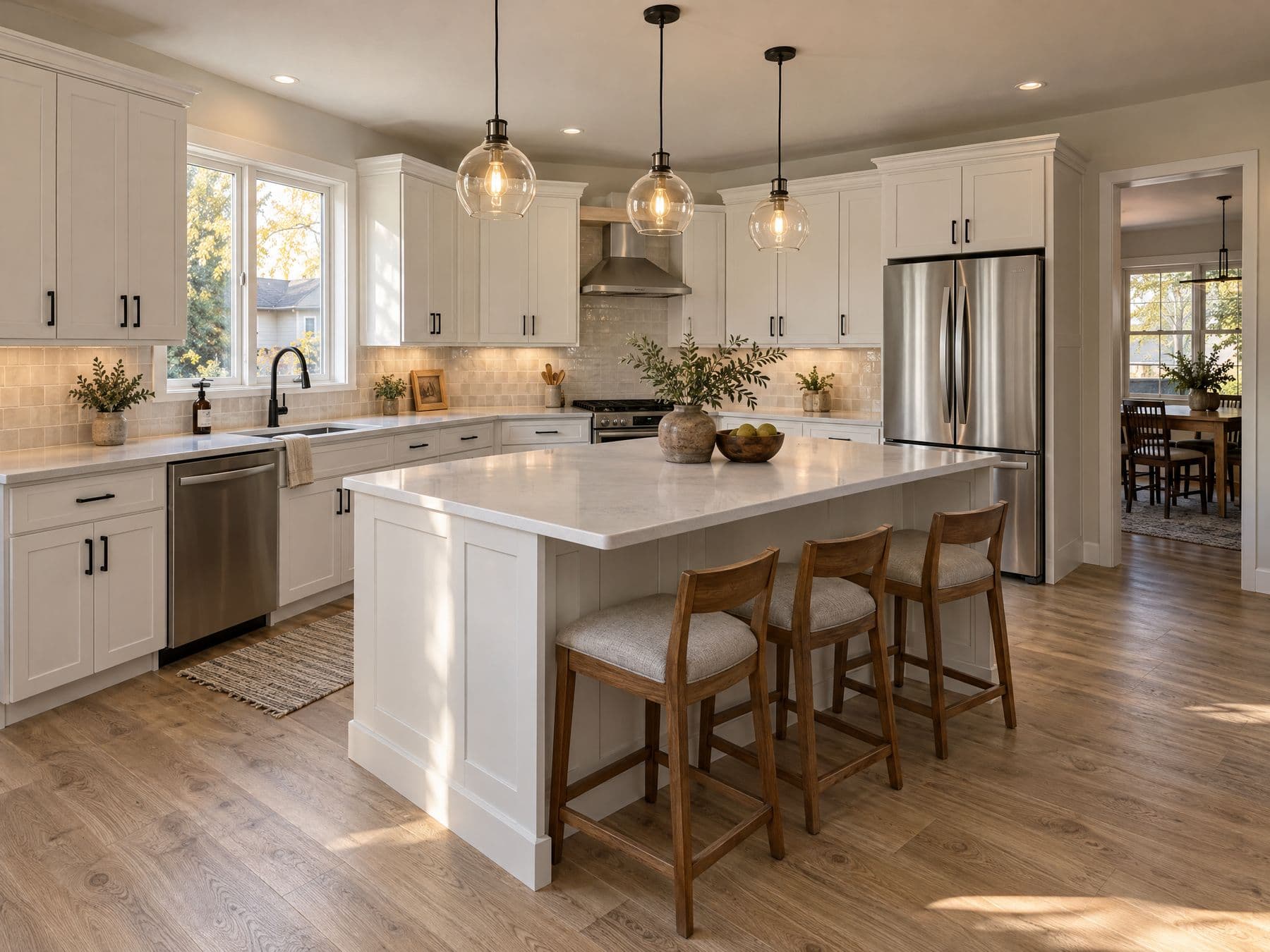 Remodeled kitchen with white shaker cabinets, a quartz island and pendant lights